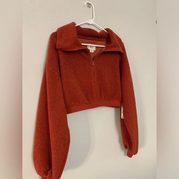 NWT BDG Teddy Pullover Quarter Zip Fleece Crop Sweatshirt Brown Teddy Soft S M L - Picture 3 of 9